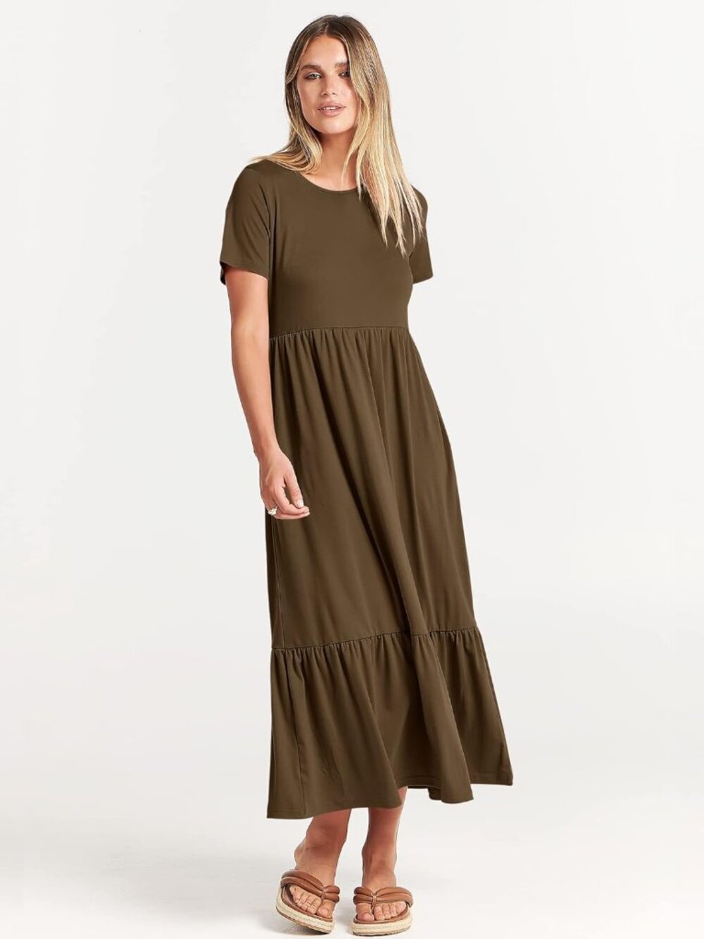 Women's Coffee Summer Casual Maxi Dress A line Tiered Short Sleeve Crewneck - Picture 3 of 6